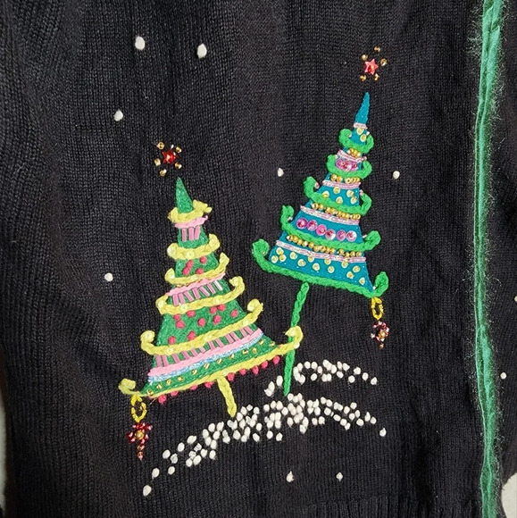 Talbots Christmas Tree Embellished Embroidered Knit Sweater Cardigan Size LP VTG - Picture 2 of 16